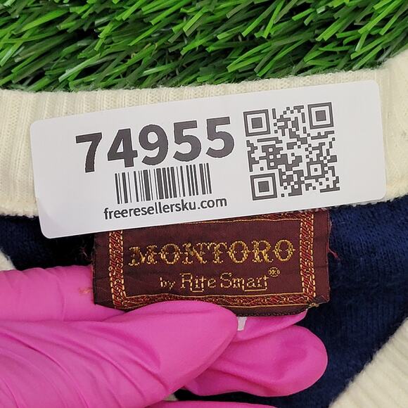 Vintage 80s MOD Ringer Sweater Large 22x25 Crop Blue Beige - Picture 7 of 12